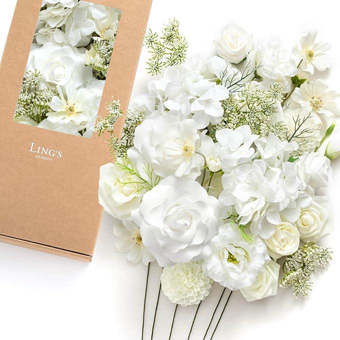 Ling's moment Fake Flowers Box, Artificial Faux Greenery Stems Silk Hydrangea Foam Rose for Wedding Bouquets Centerpieces Table Decorations Floral Picks Arrangements, White & Cream, Deluxe Combo