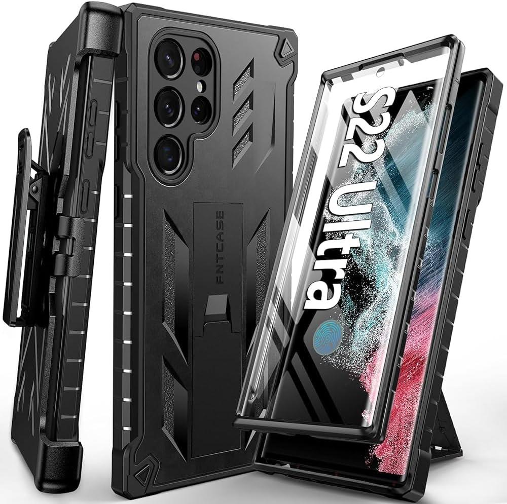 FNTCASE for Samsung Galaxy S22 Ultra Case: Built-in Screen Protector & Kickstand & Belt-Clip Holster, Full-Body Dual Layer Rugged Heavy Duty Shockproof Protective Phone Cover-Black