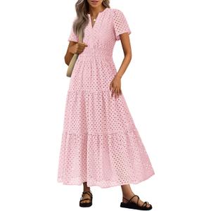 PRETTYGARDEN Womens 2026 Summer Maxi Dress Short Sleeve V Neck Hollow Out Eyelet A Line Long Flowy Beach Vacation Dresses (Pink, M)