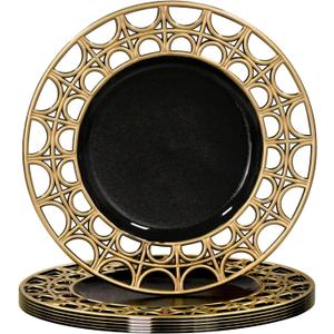 MAONAME Antique Charger Plates, 13" Round Chargers for Dinner Plate, Black Plate Chargers Set of 6, Plastic Charger Plates for Table Setting, Wedding Decoration (Black- hollow semi circle)
