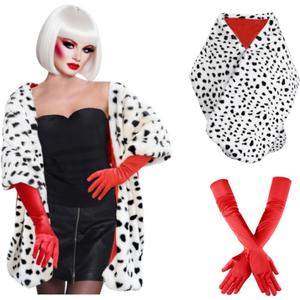 Apragaz 2 pcs Halloween Costume for Women, Dalmatian Shawl with 1920s Red Gloves for Halloween Cosplay Party (One Size)