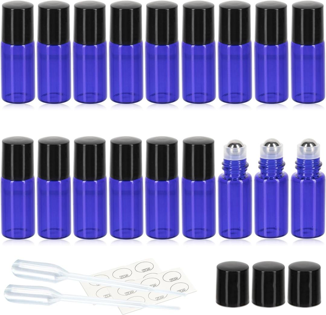 ZEJIA 3ml Roller Bottles 24Pack Cobalt Blue Thick Glass Essential Oil Bottles with Stainless Steel Roller Ball and 2 Droppers
