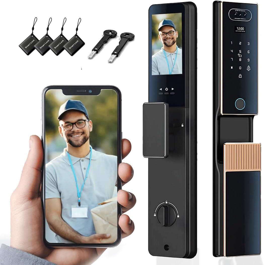 Smart Door Lock with Face Recognition & Camera, Video Monitor, 7-in-1 Keyless Entry: Palm Vein, Fingerprint, Keypad, App - Weatherproof Digital Deadbolt for Home Security (Gold)