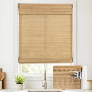 UNISHADES No Drill Cordless Bamboo Roman Shades, Light Filtering Woven Natural Bamboo Window Covering, Easy Install Roman Style Shade, for Window Size 26" W 64" H - Carbonized