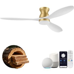 52" Wood Ceiling Fans with Lights Remote,Smart Control via WIFI Alexa APP,Outdoor Indoor Flush Mount Ceiling Fan for Low Profile Modern Living Room,Patio,White and Gold,Dimmable LED,Quiet DC Motor