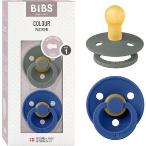 Bibs Pacifiers Color Collection, Set of 2 BPA-Free Latex Pacifiers Made in Europe, Round Nipple Baby Pacifier. (6+ Month (Pack of 2), Pine/Cornflower)