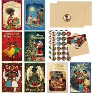 EoBeCy 48PCS African American Christmas Cards, Black Santa Holiday Greeting Card with Envelopes Stickers, Bulk Gifts Exchange Party Supplies, Multicultural Xmas Stationery for Family Friends Church