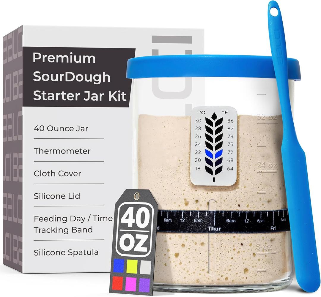 Premium Sourdough Starter Jar - 40oz Large Sourdough Jar with Marked Feeding Band, Thermometer, Scraper, Cloth Cover and Silicone Lid/Base, Wide Mouth Starter Kit - Blue (40oz (1 Pack))