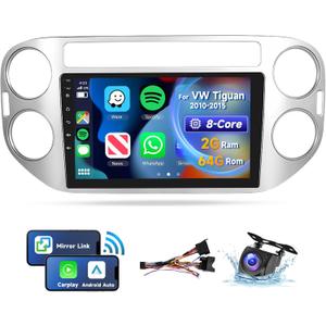 [8 CORE 2G+64G] Car Radio for Volkswagen Tiguan 2010-2015 with Wireless Carplay/Android Auto, 9 Inch Android 13 IPS Touch Screen Car Stereo, Bluetooth, GPS, WiFi, SWC, DSP + Backup Camera