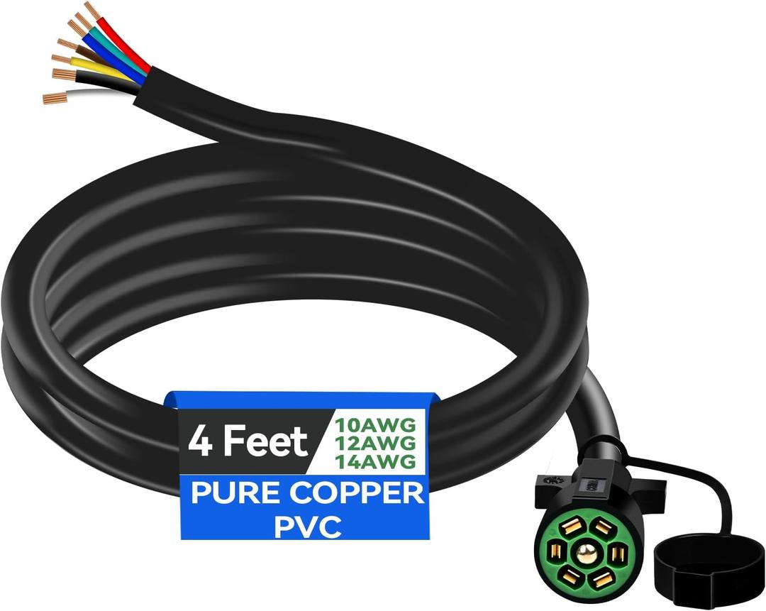 4 FT 7 Pin Trailer Plug Heavy Duty Trailer Wire Extension Pure Copper 7 Wire Trailer Wiring Harness Kit with Dust Cover 7 Way Trailer Plug Cord for RVs Trailers Campers