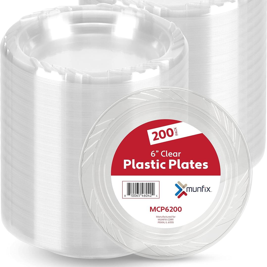 Munfix 200 Clear Plastic Plates Set - 6 Inch Plastic Dessert Plates, Disposable Plates Bulk Pack, Party Plates for BBQ, Picnic, Parties, Travel and Events, Microwavable Recyclable