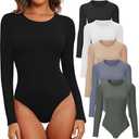 BALENNZ Long Sleeve Body Suits Womens Body Suits Tops Round Neck Long Sleeve Bodysuit Shirts for Women Crew Neck Black White Nude Body Suit 4 Pcs M