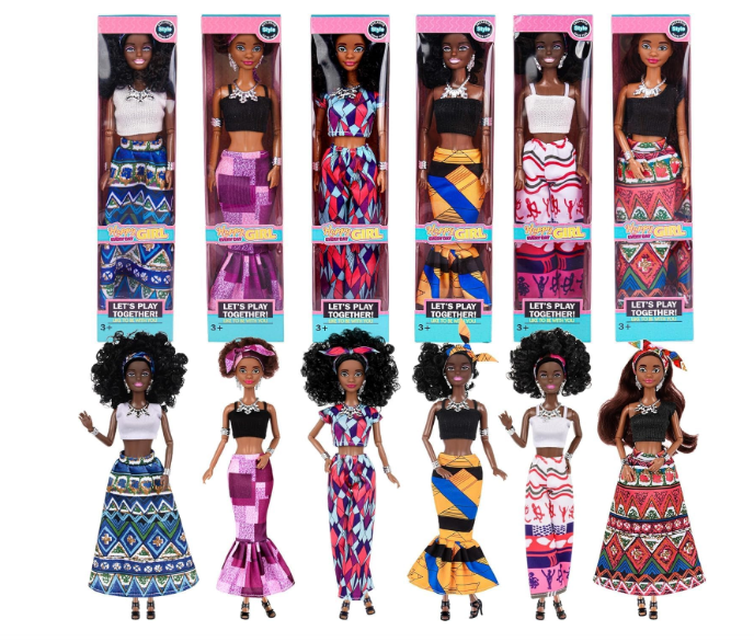 dollbie 6 Pack African American Fashion Dolls Set with Mix & Match Outfits – 11.5" Posable Black Dolls & 5 Accessories Each (Crown, Necklace, Headscarf & More) + Pink Gift Case