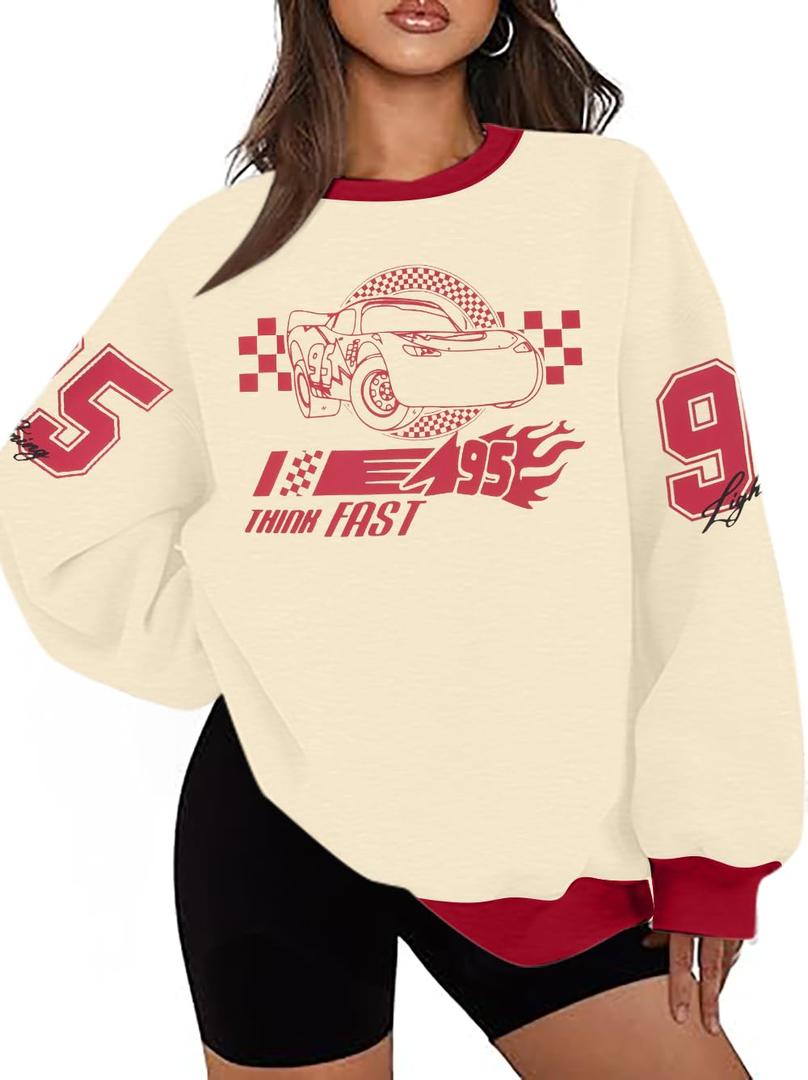 FLOYU Oversized Women's Car Graphic Sweatshirt Cars Land Pullover Vacation Trip Long Sleeve Shirt Car Racer Lover Clothes S