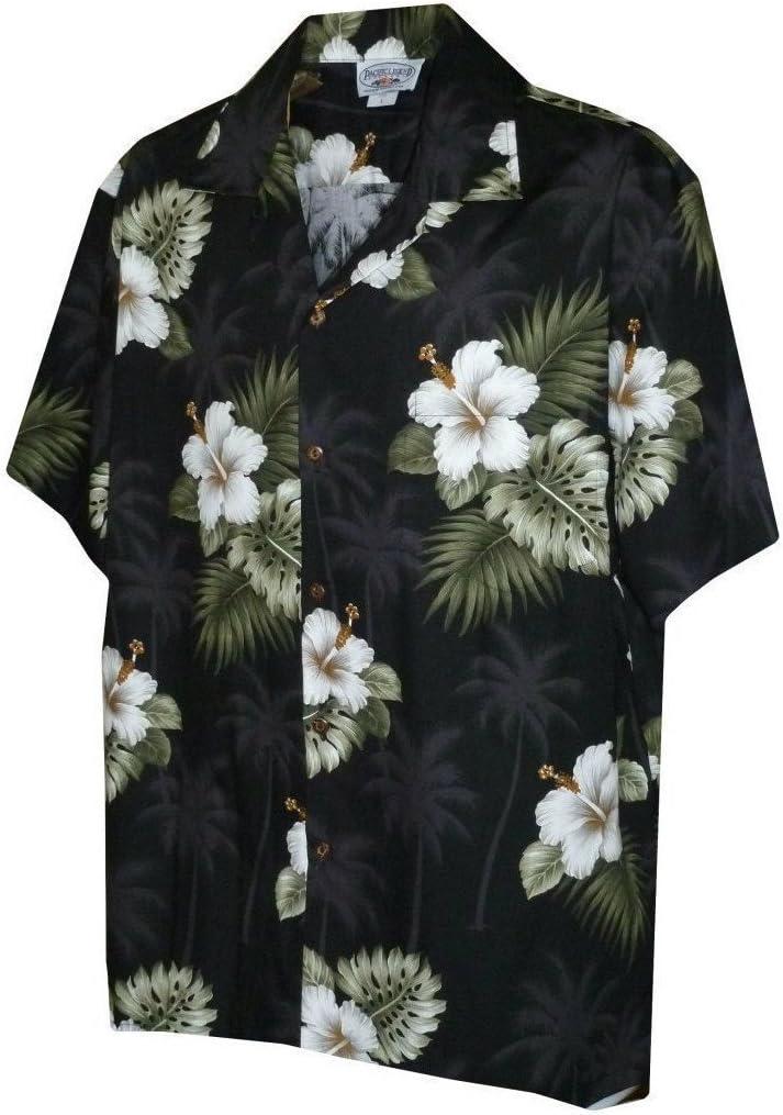 Pacific Legend Mens Floral Hibiscus and Palm Hawaiian Shirt (Large, Black W/ White Blossoms)