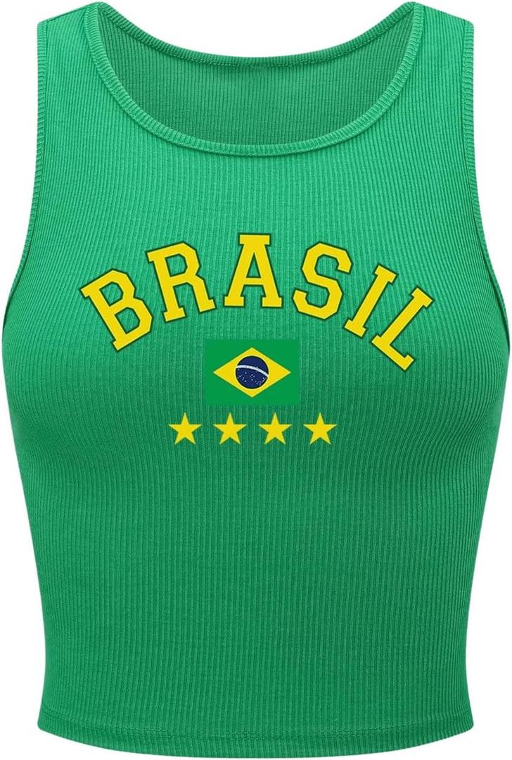 SweatyRocks Women's Brazil Letter Graphic Crop Tops Slim Fit Ribbed Knit Casual Tank Top (Medium, Green)
