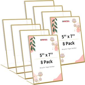 Smarpau 8 Pack Gold Acrylic Sign Holder 5x7 Gold Picture Frames Double Sided Acrylic Sign Holder with Table Menu Holders for Wedding Party Photos Art Display