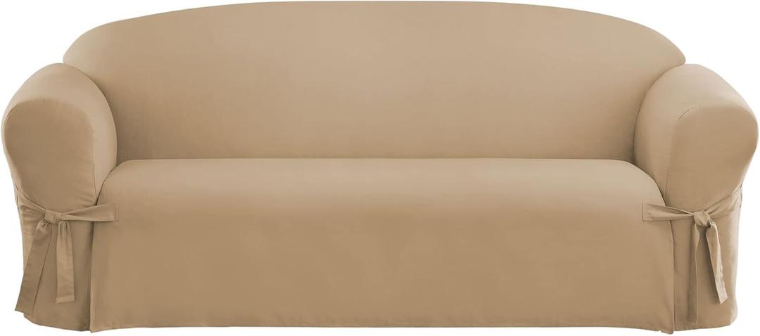 SureFit Cotton Duck Sofa Box Cushion One Piece Slipcover, Couch Cover, Relaxed Woven Fit, 100% Cotton, Machine Washable, Tan