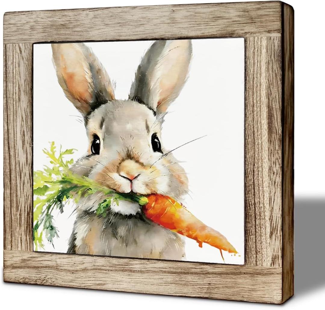 Spring Easter Wooden Box Sign, Watercolor Bunny with Carrot Desk Decor, Cute Rabbit Art Wood Sign for Home Office Shelf Farmhouse Tabletop Decor 5.9 x 5.9 Inches