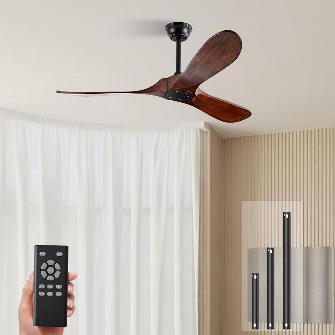 52" Walnut Wood Ceiling Fans,Outdoor Ceiling Fan without Light for Patios,3 Blade Small Propeller Fan Ceiling Mount for Outside Pergola,6 Speed Reversible Quiet DC Motor Fan for Bedroom (Deep Walnut Blades + Black Body)