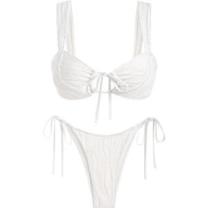 ZAFUL Women's Cinched Bikini Solid Color Wave Textured Knotted Tied Side Two Piece Swimsuit Bathing Suits (Medium, 1-white)
