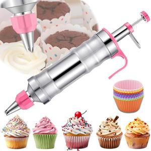 Hendiy Dessert Decorating Syringe Set, Frosting Piping Kit Stainless Steels Cake Decorating Kit with 6 Piping Tips & 9 silicone cupcakes, Cupcake Decorating Kit Piping Bags and Tips Set