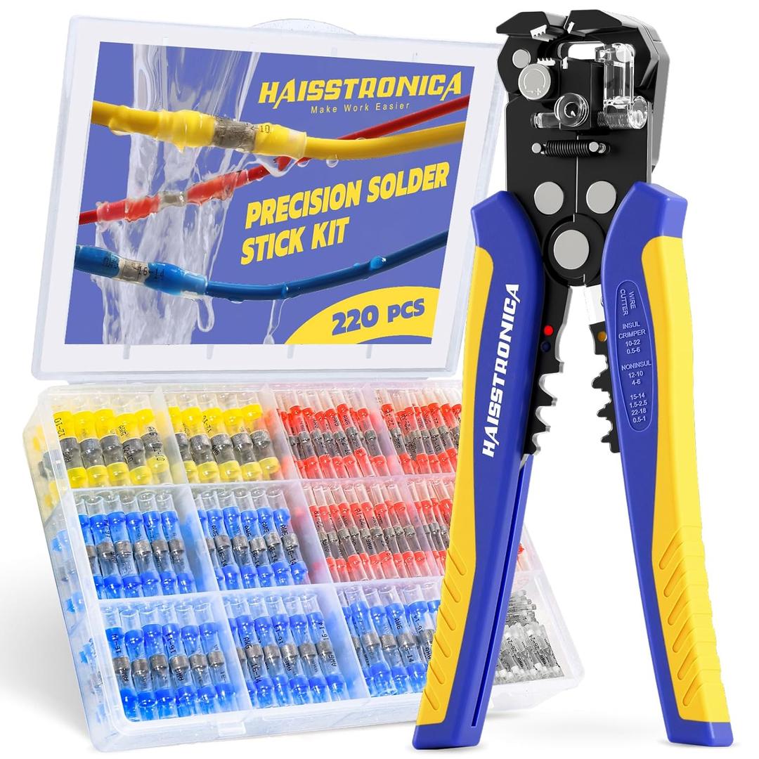 haisstronica 220PCS Solder Seal Wire Connectors Kit with 10-24 AWG Self-Adjusting Automatic Wire Stripper Tool, Waterproof Heat Shrink Butt Terminals for Car, Marine, Trailer, DIY Wiring Projects