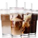 Iced Coffee Cups with Lids: Coffee Bar Accessories - Ribbed Glass Tumbler with Straw and Lid 4Pcs - 20oz Leak Proof Tumbler - Reusable Glass Cups and Tumblers with Lid and Straws for To Go Iced Coffee
