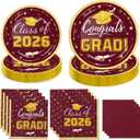 Graduation Party Plates and Napkins 2026 Congrats Grad Disposable Paper Plates Decorative Napkins Cocktail Napkins for Maroon and Gold Graduation Party Decorations, Serve 50