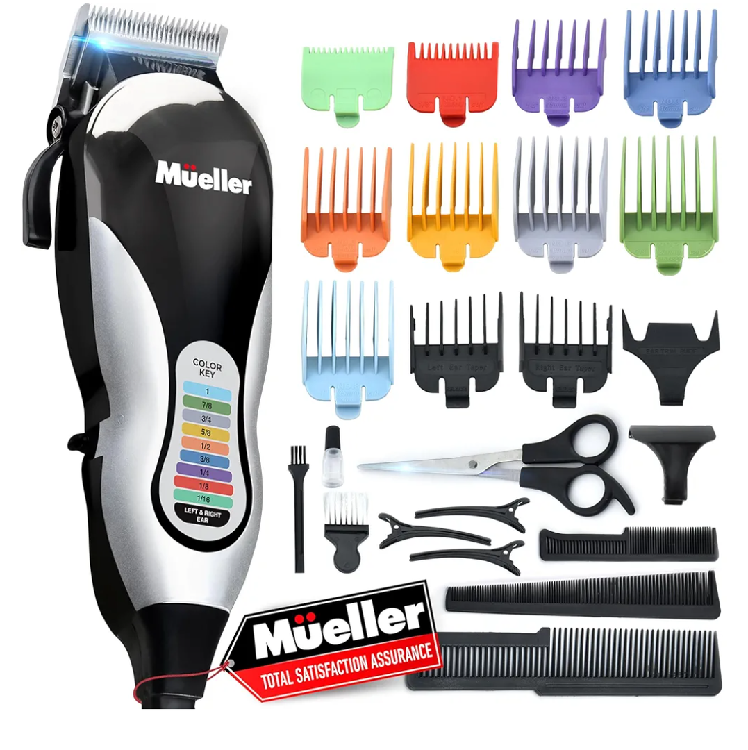 Mueller Ultragroom Professional Hair Clippers for Men with Colored Design, Hair Trimmer for Men, 12 Guide Combs, Trimmer for Hair, Beards, Head, Body, and Face