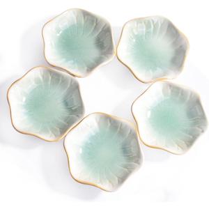 Ceramic Side Dish Bowls, Mint Green Floral Design, 4 inch, Set of 5