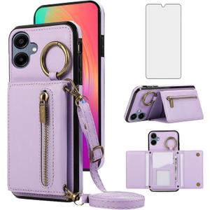 Asuwish Compatible with Samsung Galaxy A06 5G Wallet Case with Tempered Glass Screen Protector and Crossbody Shoulder Strap Buckle Card Holder Cell Phone Cover for Ao6 A 06 4G LTE Women Girls Purple