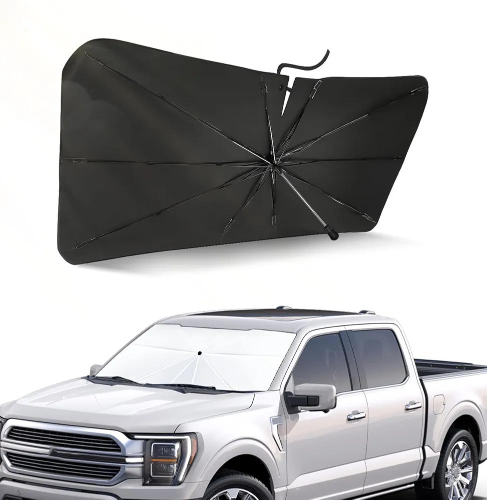 Soruci Windshield Sun Shade Umbrella for Tesla Cybertruck 2024 2025 Truck Accessories, Titanium Silver Coating for UV Ray Block Foldable Car Front Window Sunshade with Storage Pouch Keep Cool