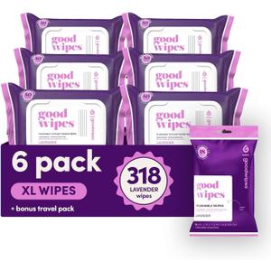goodwipes Flushable Butt Wipes - Vitamin E & Aloe - Sewer & Septic Safe - Extra Large Adult Wet Wipes For Women & Men - Bathroom Essentials - Lavender, 318 Count (6 Packs + 1 Travel)