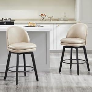 KISLOT Counter Height Barstools 26 inch Upholstered Swivel Bar Stools with Back and Wood Legs for Kitchen Island, Set of 2, Beige PU Leather-Armless