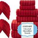 COZYART Lint Free Towel Sets 8 Pcs Red, Thick, Super Soft, Absorbent & Quick Dry Microfiber 3D Bubble Bathroom Daily Use Set with 2 Bath Towels, 2 Hair Towels, 2 Hand Towels, 2 Washcloths
