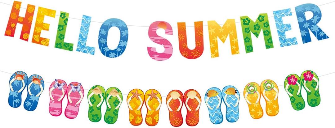 Hello Summer Banner and Colorful Flip Flop Banner Summer Hawaiian Tropical Beach Pool Slippers Garland Banner Summer Holiday Birthday Party Classroom Bulletin Board Fireplace Mantle Decorations