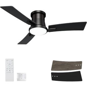 42 Inch Ceiling Fans Black Lights and Remote,White Low Profile Ceiling Fan with Light,Flush Mount,Reversible,6 Speeds,3CCT Dimmable,for Bedroom,Living Room,Indoor Patio