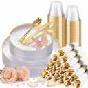 Hioasis 175pcs Clear Gold Plastic Plates - Clear Plastic Dinnerware Set Includes 25 Dinner Plate, 25 Dessert Plate, 25 Cups, 25 Napkins Perfect for Wedding & Party & Mothers Day