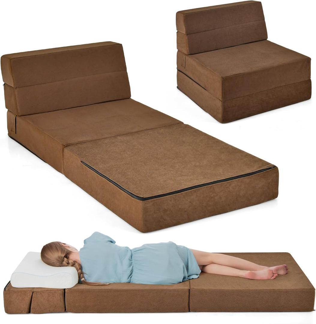RELAX4LIFE Folding Sofa Bed Chair - 3-in-1 Convertible Couch Sleeper, Floor Futon Couch w/Removable Cover & Full Padded Foam, Fabric Guest Sleeper Chair for Living Room, Study, Apartment (Brown)