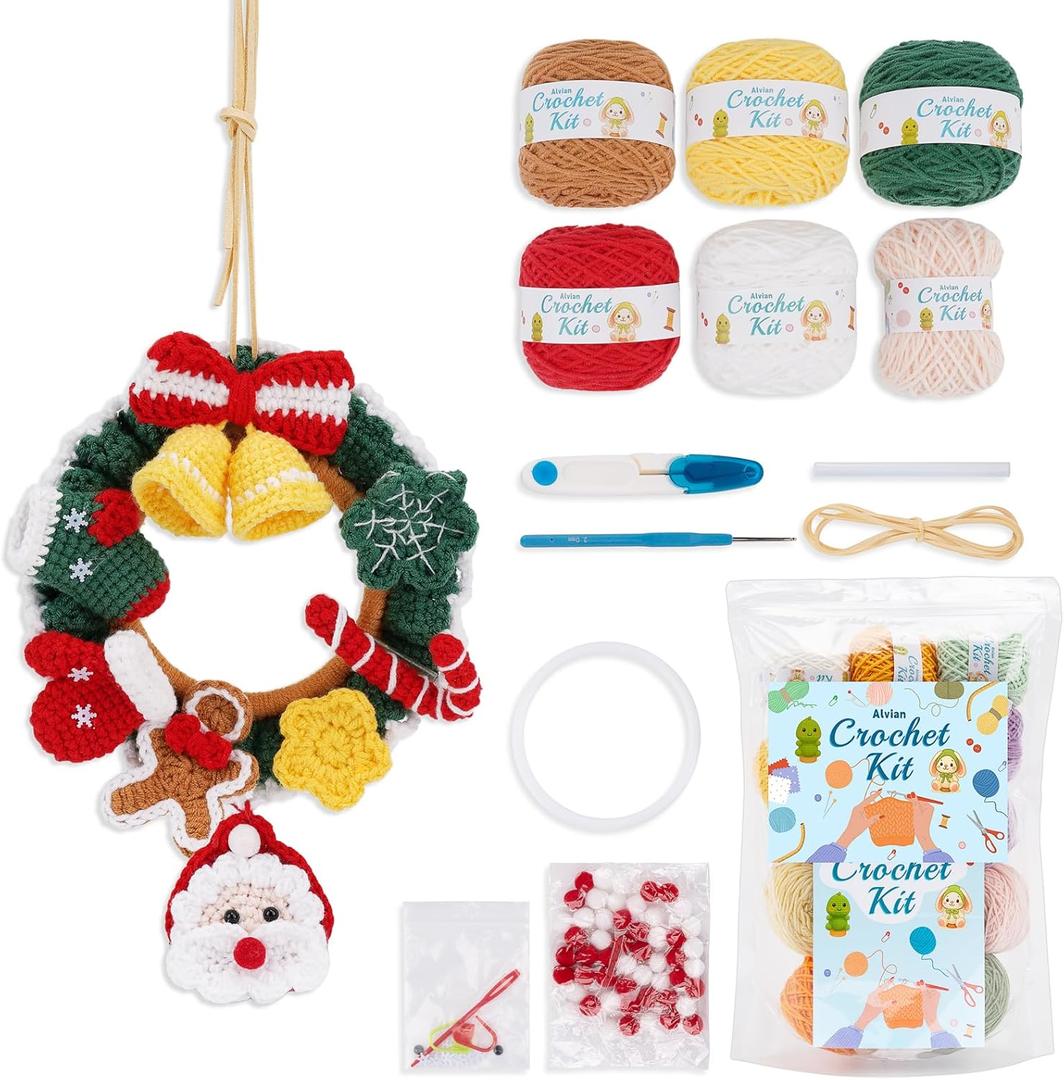 Alvian DIY Crochet Christmas Wreath Kit - Complete Beginner-Friendly Set with Garland, Pom Poms & Video Tutorial | Handmade Holiday Door Decor, Wall Hanging & Gift Idea