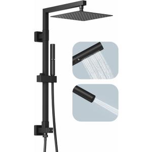 BESy Brass Shower Arm, 10 Inch Rainfall Shower Head with Handheld Spray Combo, Dual Showerhead Outdoor Shower Kit Rain Setting Hand Held Sprayer with Adjustable Slide Bar Set, Matte Black