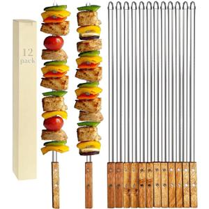 12 Pack Kebab Skewers 22 Inch Stainless Steel Grilling BBQ Skewer Reusable Barbecue Skewers Flat Stick with Wood Handle,Ideal for Koubideh Brazilian Chicken Shrimp Turkish Shish Kabob