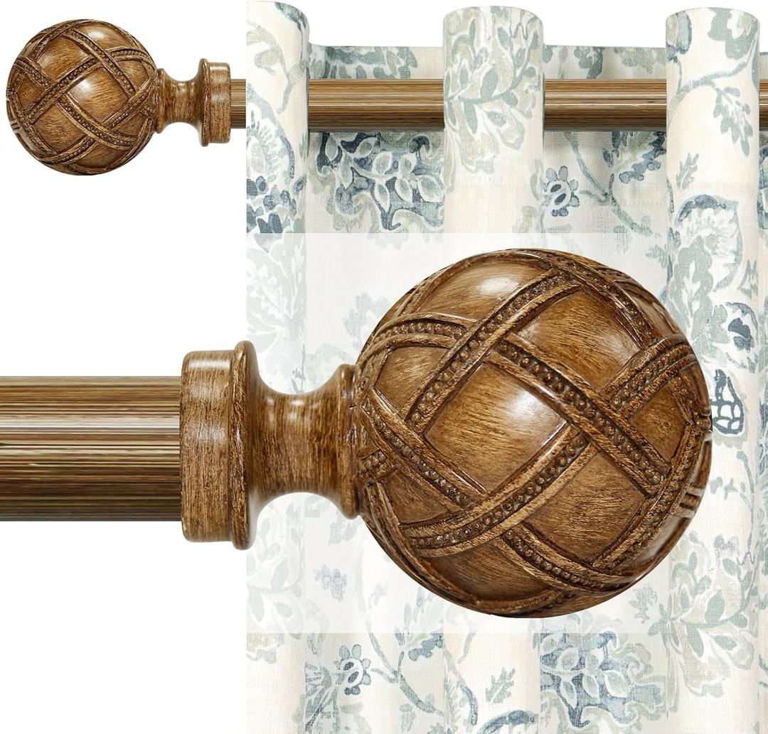 Wood Curtain Rods for windows 84 to 120 Inch(7-10ft): 1 Inch Adjustable Heavy Duty Curtain Rod,Netted Wood Grain Window Curtains Rods for Farmhouse,Living room, bedroom, kitchen, etc. Size:36-120"