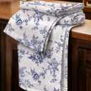 Waffle Cotton Kitchen Towels Set of 2, 16x26 Inch Waffle Weave Dish Cloths with Hanging Loop Absorbent Reusable Hand Tea Towels Cute Design Home Decorative Housewarming, White Blue Flower