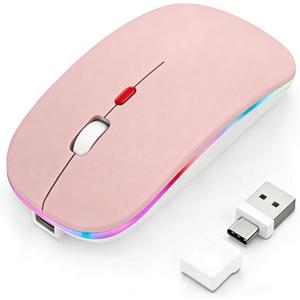 Mouse for MacBook, LED Bluetooth Wireless Mouse for MacBook Air Mac Pro iPad Laptop, Silent RGB Mice, 3 Mode BT 5.2 & 2.4G USB-A/USB-C Receiver Slim Portable Mice with Jiggler Mode, Rose Gold
