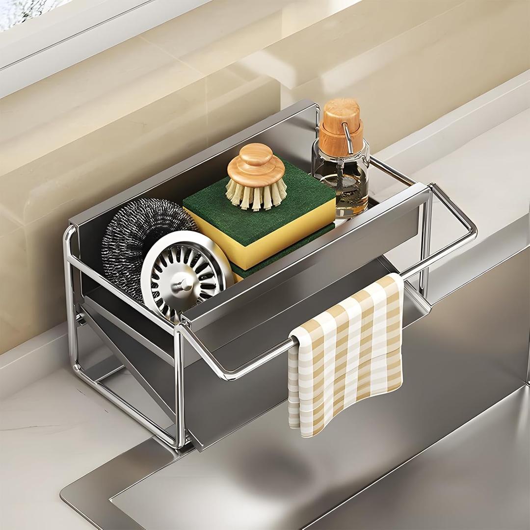 Kitchen Sink Sponge Rack, Self Draining Kitchen Sink Storage Rack, Rust-Proof Stainless Steel Dish Sponge Storage Rack (with Dish Cloth Rack), Bathroom Soap Dispenser Storage, Gray
