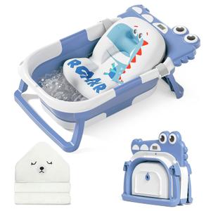 MoreFeel Collapsible Baby Bathtub for Newborn with Thermometer & 1 Hooded Towel & 1 Soft Floating Cushion, Portable Travel Bathtub with Drain Hole, Durable Foldable Baby Tubs for Infants to Toddler