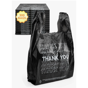 300 Count Thank You Plastic Bags, 12" x 6" x 22", 15 Mic Black Grocery Bags with Handles, Ideal for Restaurants, Retail, Grocery Stores, Takeout, Convenience Stores