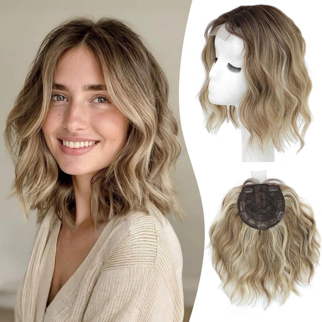 MORICHY Short Wavy Hair Topper for Women with Thinning Hair10 Inch Synthetic Lightweight & Breathable Hairpiece with 6.5"x6.5" BaseNatural Look Volume Booster Hairpiece for Coverage (Golden Brown with highlights bleach Blonde)